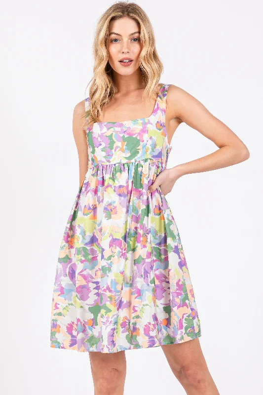 Multi-Color Floral Square Neck Dress Tunics Fall fleece