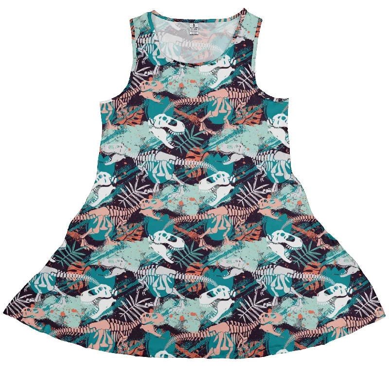 Clearance Ready-to-Ship T-Rex Bones Footprints Green Dinosaur Dress Tunics Fashionable trendy