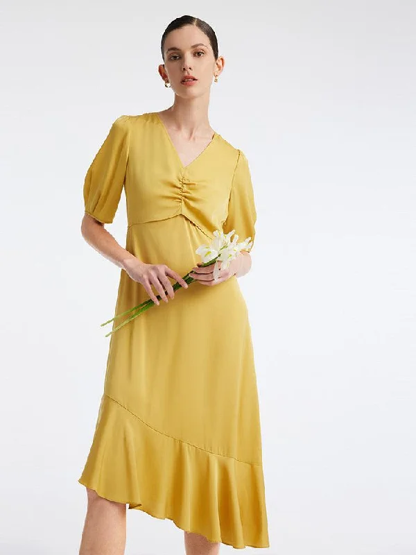 22 Momme Silk Puff Sleeve Dress Tunics Sophisticated sleek