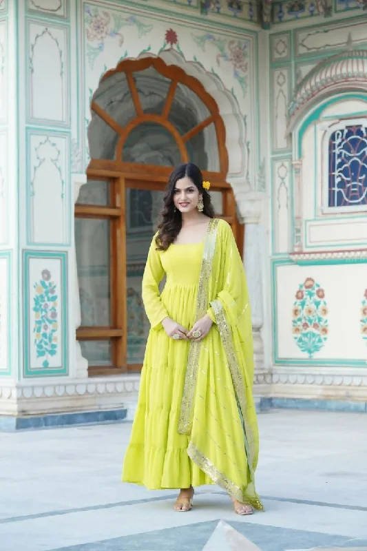 Aastha Fashion Women's Parrot Green Faux Georgette 5 Layer Frill Work Anarkali Dress with Dupatta Tunics Ceremony elegant Aastha Fashion Women's Parrot Green Faux Georgette 5 Layer Frill Work Anarkali Dress with Dupatta Tunics Ceremony elegant