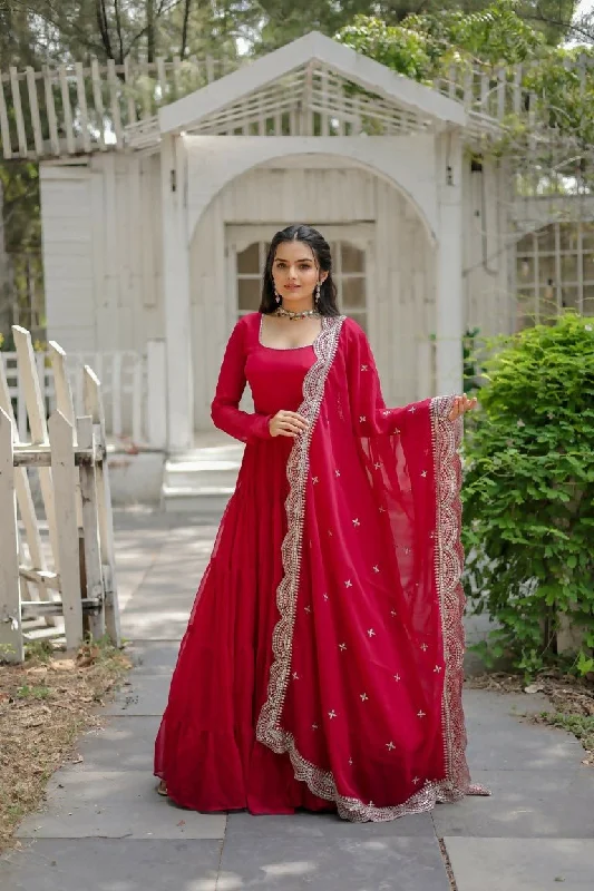 Aastha Fashion Women's Rani Pink Faux Georgette Frill Work Anarkali Dress with Dupatta Tunics Sophisticated sleek