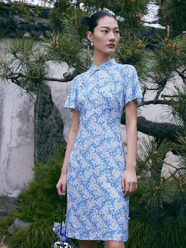 Blue Floral Cheongsam Dress Tunics Short Trendy