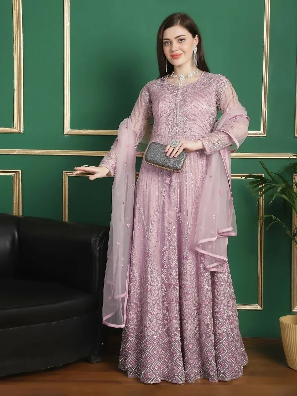 Aastha Fashion Women's Purple Net Floral Resham Thread with Cording & Crystal work Anarkali Dress Set Tunics Velvet soft