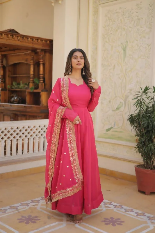 Aastha Fashion Women's Pink Russian Silk Kali Pattern Work in Flair Anarkali Dress with Dupatta Tunics Evening elegant Aastha Fashion Women's Pink Russian Silk Kali Pattern Work in Flair Anarkali Dress with Dupatta Tunics Evening elegant
