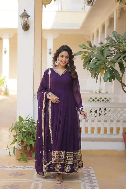 Aastha Fashion Women's Purple Faux Georgette Sequins Embroidered Anarkali Dress with Dupatta Tunics Seasonal trendy Aastha Fashion Women's Purple Faux Georgette Sequins Embroidered Anarkali Dress with Dupatta Tunics Seasonal trendy