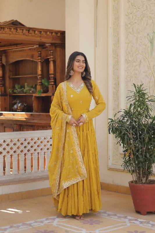 Aastha Fashion Women's Yellow Faux Georgette Sequins Embroidered Anarkali Dress with Dupatta Floral Print girly