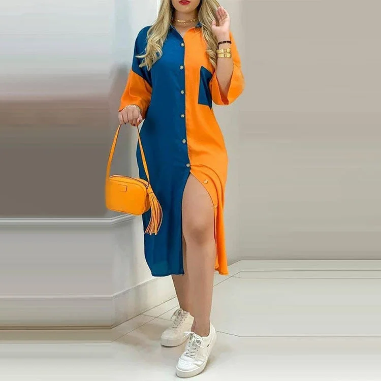 Printed single breasted commuter irregular dress Crew Neckline Casual