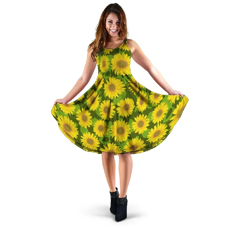 Sunflower Flower Print Dress Tunics Plaid country