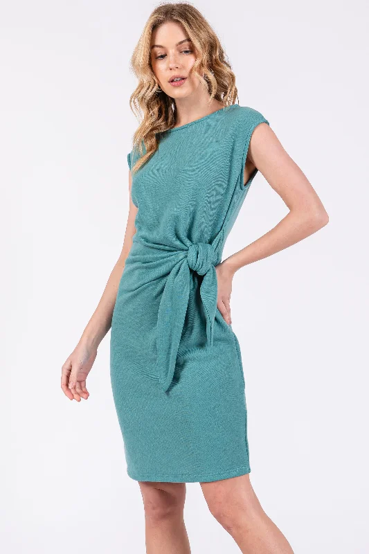Teal Terry Knit Gathered Waist Dress Tunics Business professional
