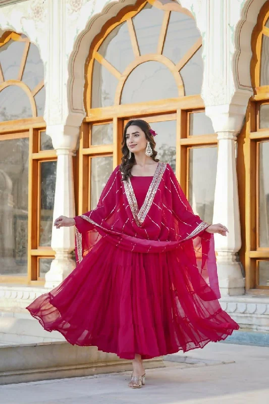 Aastha Fashion Women's Rani Pink Faux Georgette 5 Layer Frill Work Anarkali Dress with Dupatta Tunics New arrival Aastha Fashion Women's Rani Pink Faux Georgette 5 Layer Frill Work Anarkali Dress with Dupatta Tunics New arrival