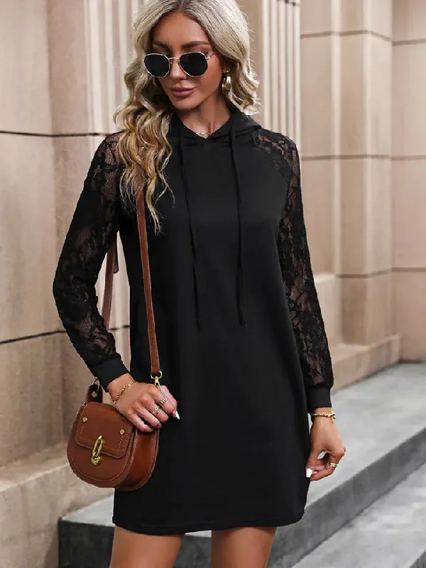 Lace Trim Long Sleeve Hooded Dress Tunics Practical easy-care