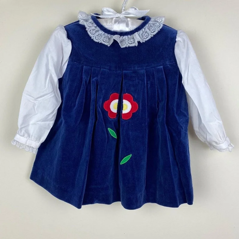 Vintage Her Majesty Blue Velvet Flower Dress 12 M Tunics Corduroy durable