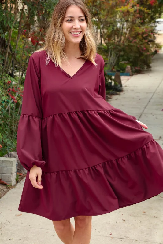 Burgundy V Neck Woven Swing Dress with Pockets Tunics Plaid country