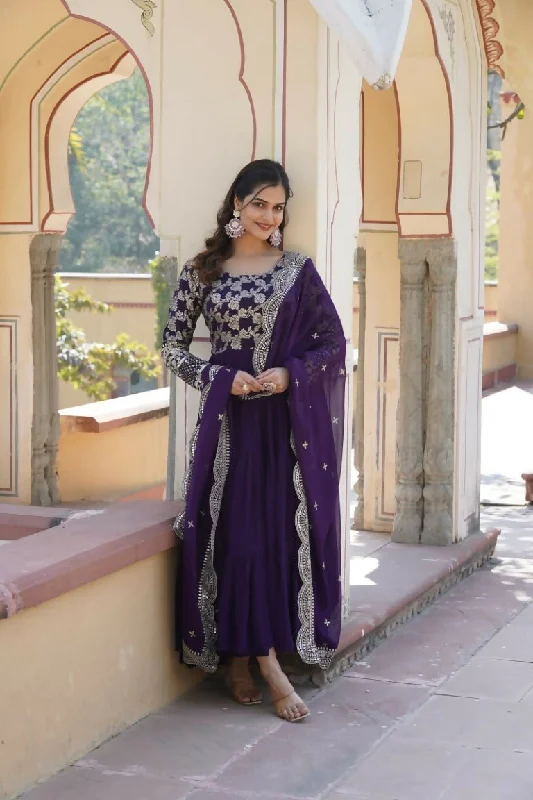 Aastha Fashion Women's Purple Faux Georgette Jacquard with Sequins Embroidered Anarkali Dress with Dupatta Tunics Versatile all-occasion Aastha Fashion Women's Purple Faux Georgette Jacquard with Sequins Embroidered Anarkali Dress with Dupatta Tunics Versatile all-occasion