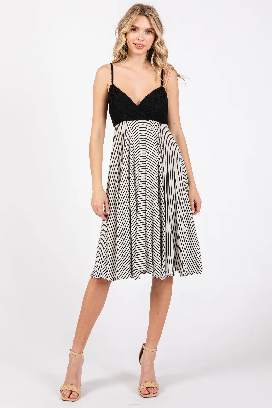 Black Striped Lace V-Neck Dress Tunics Versatile all-occasion