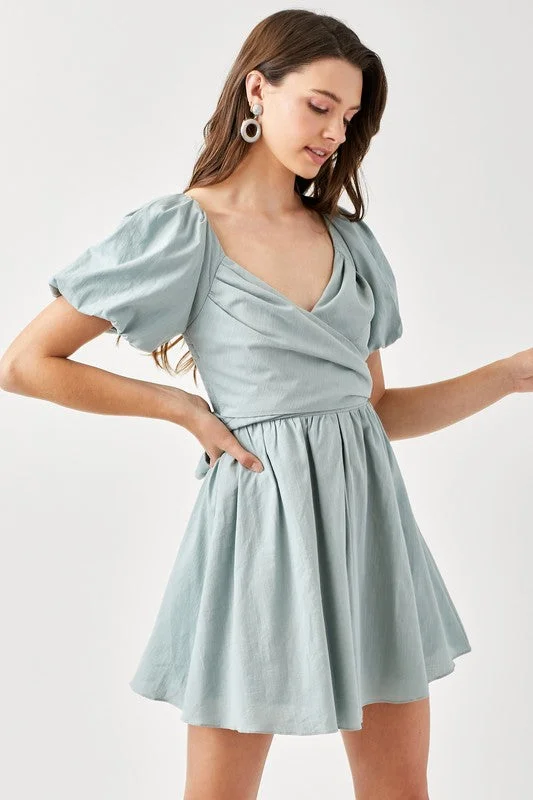 Cross Wrap Front Puff Sleeve Dress Tunics Ceremony elegant