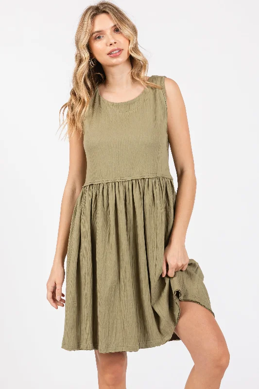 Olive Sleeveless Textured Dress Tunics Fashionable chic