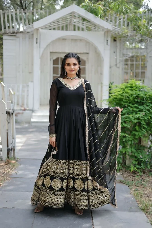 Aastha Fashion Women's Black Faux Georgette Sequins Embroidered Anarkali Dress with Dupatta Tunics Gym athletic