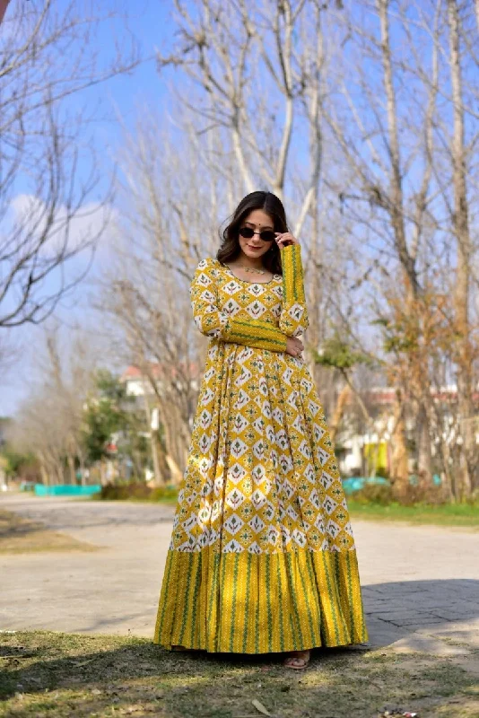 Aastha Fashion Women's Mustard Cotton Silk Digital Printed Anarkali Dress Tunics Vintage classic