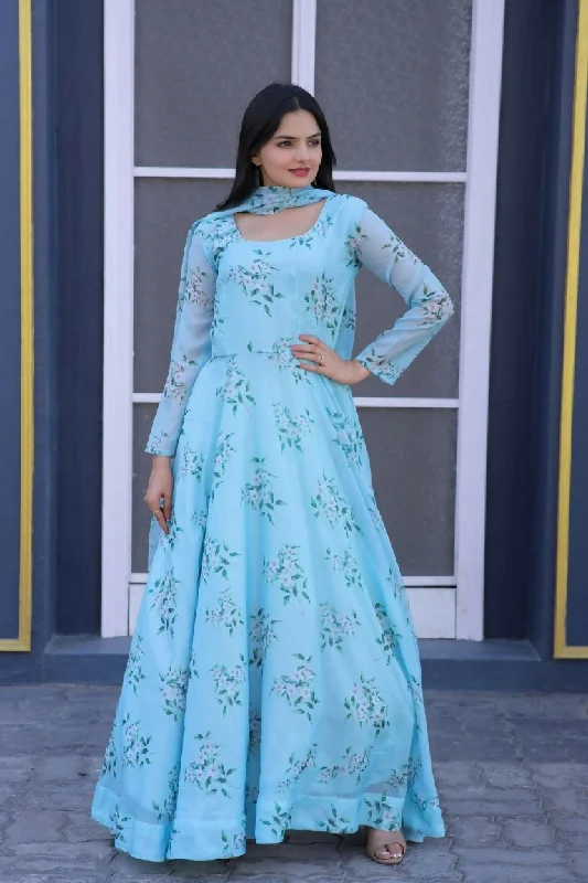 Aastha Fashion Women's Turquoise Tebby Silk Floral Printed Anarkali Dress with Dupatta Tunics Luxurious high-end