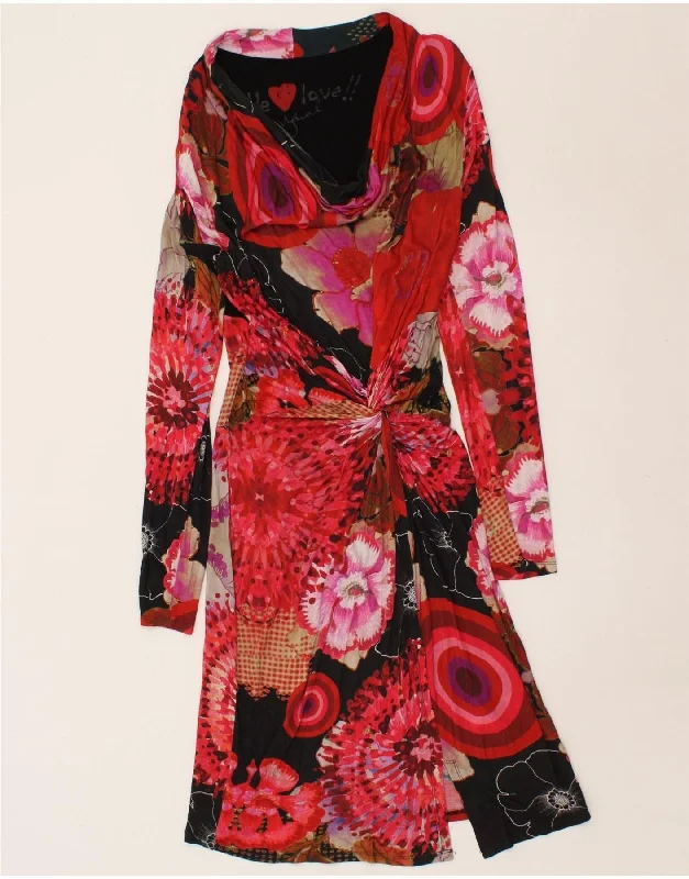 DESIGUAL Womens Long Sleeve Drop Neck A-Line Dress UK 14 Large Red Floral Tunics Timeless classic