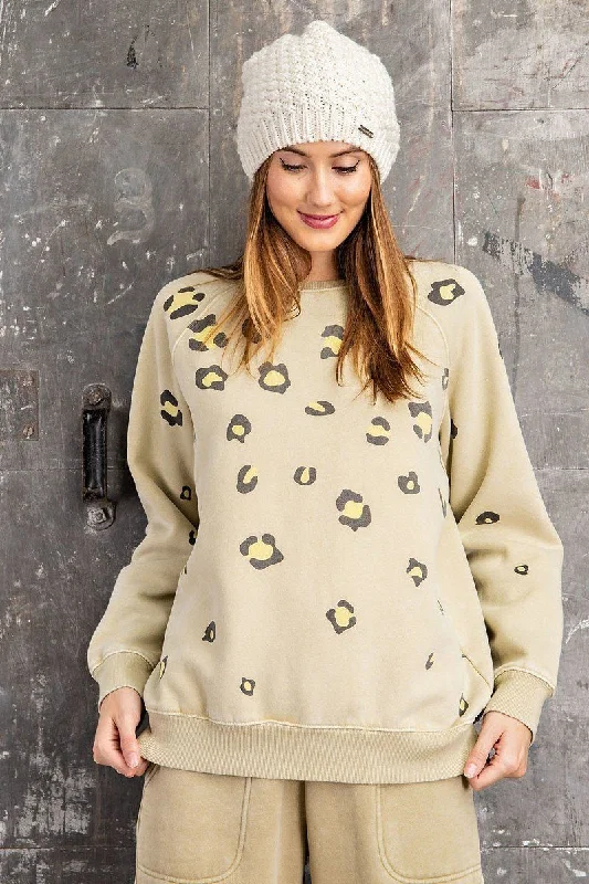 Easel | Long Sleeve Leopard Print Washed Terry Sweatshirt in Khaki Zip Hoodie Drawstring Kangaroo Pocket