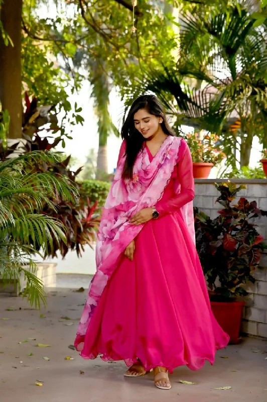 Aastha Fashion Women's Rani Pink Tebby Silk Anarkali Dress with Dupatta Tunics Velvet soft