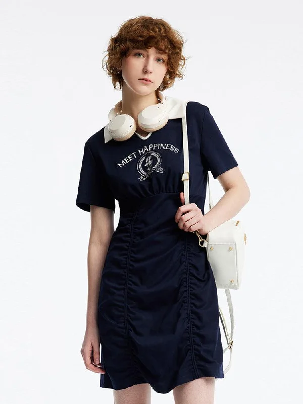 Polo Neck Letter Print Ruched Knit Dress Floral Print girly
