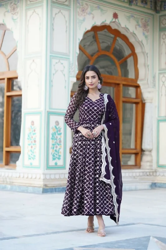 Aastha Fashion Women's Wine Faux Georgette Sequins Embroidered Anarkali Dress with Dupatta Tunics Fall fleece Aastha Fashion Women's Wine Faux Georgette Sequins Embroidered Anarkali Dress with Dupatta Tunics Fall fleece