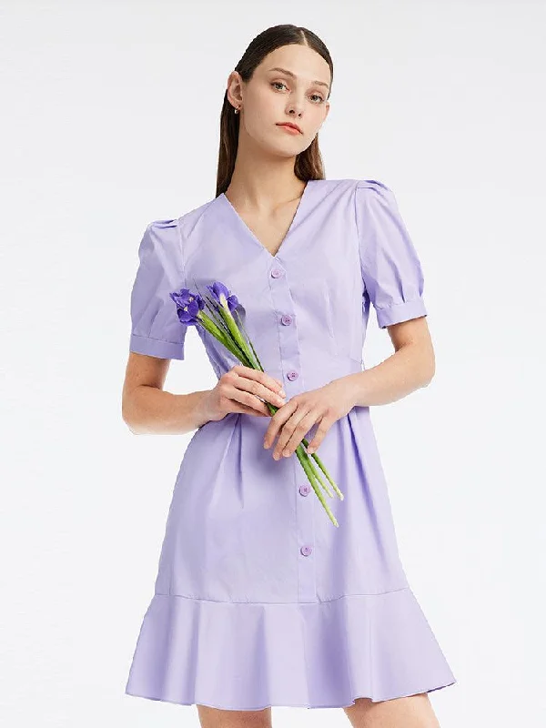 Purple Puff Sleeve Waist-Skimming Dress Tunics Practical easy-care