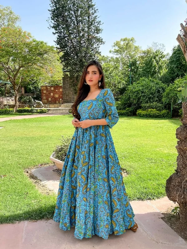 Aastha Fashion Women's Sky Blue Cotton Silk Digital Printed Anarkali Dress Tunics Versatile all-occasion Aastha Fashion Women's Sky Blue Cotton Silk Digital Printed Anarkali Dress Tunics Versatile all-occasion