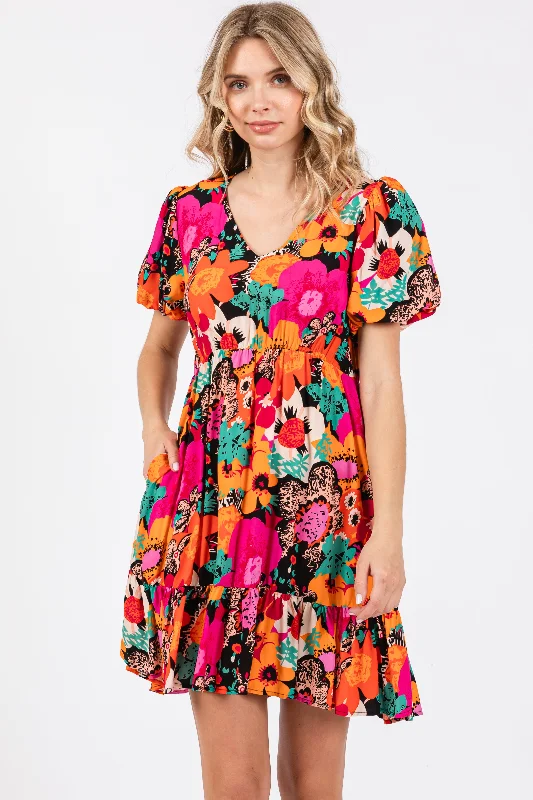 Multi-Color Floral Puff Sleeve Ruffle Hem Dress Tunics Cozy soft