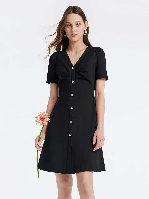 Pleated V-neck Waist-skimming Dress Cowl Neckline Elegant