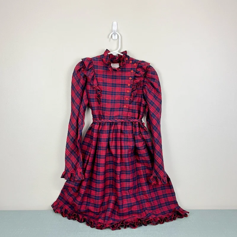 Vintage Cinderella Red Navy Ruffle Plaid Dress USSA sweetheart Neckline Romantic