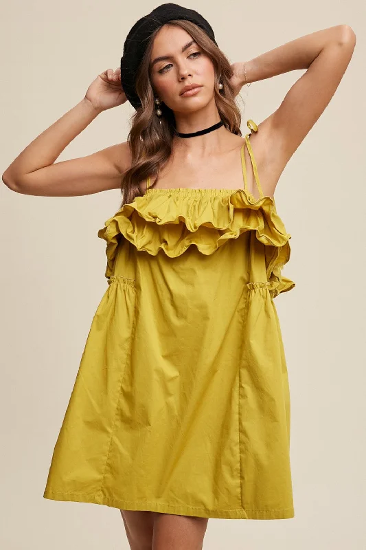 Lemon Grass Tiered Ruffle Tie Straps Poplin Dress Tunic Top Casual