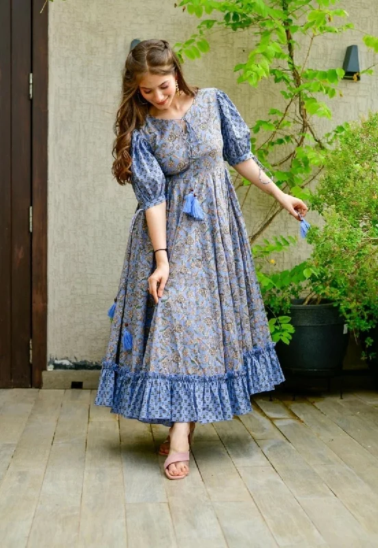 Aastha Fashion Women's Blue Cotton Silk Digital Printed Anarkali Dress Tunics Occasion special