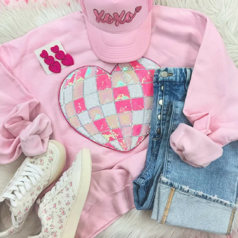 Sequin Heart Sweatshirt Hoodie with Ribbed Hem Stretchable Secure