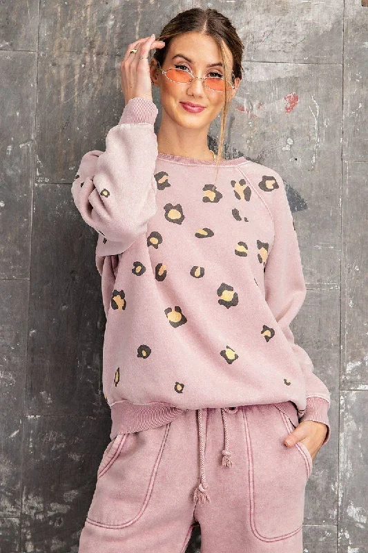 Easel | Long Sleeve Leopard Print Washed Terry Sweatshirt in Vintage Rose Hoodie with Hem Raw Edge Edgy Unfinished