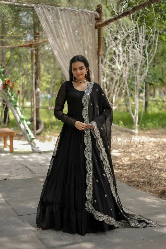 Aastha Fashion Women's Black Faux Georgette Frill Work Anarkali Dress with Dupatta Tunics Print Colorful