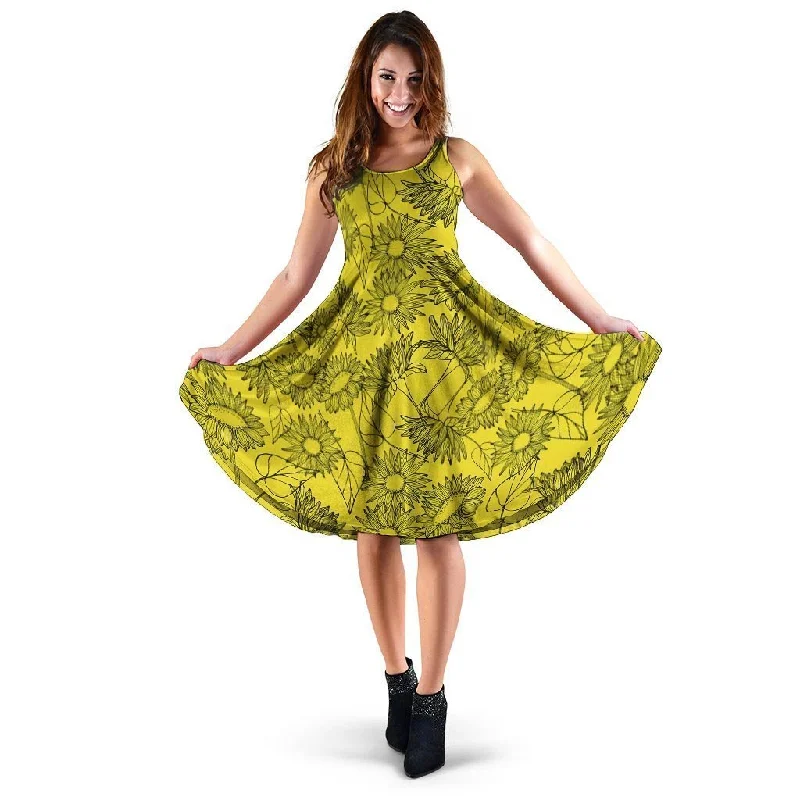 Sunflower Yellow Print Dress Cowl Neckline Elegant