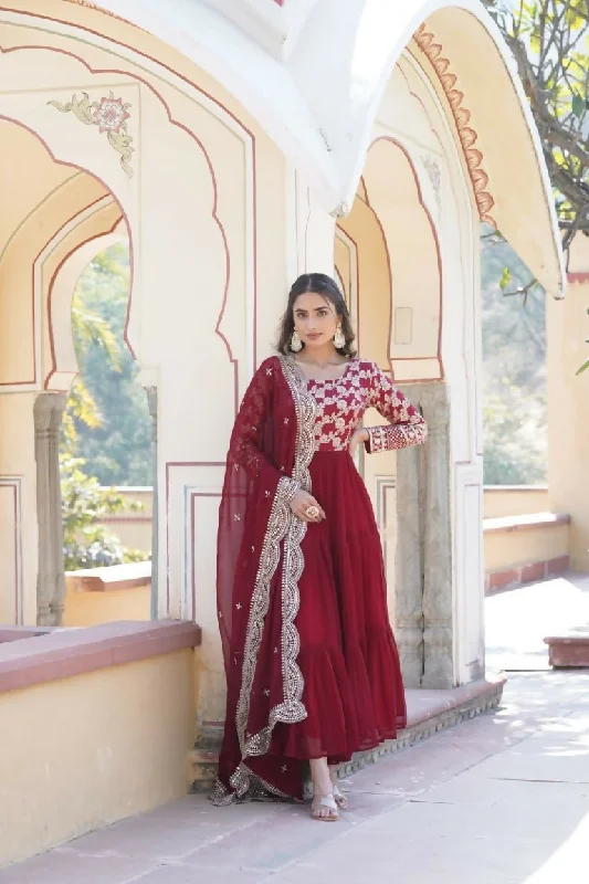 Aastha Fashion Women's Maroon Faux Georgette Jacquard with Sequins Embroidered Anarkali Dress with Dupatta Tunics Solid Classic