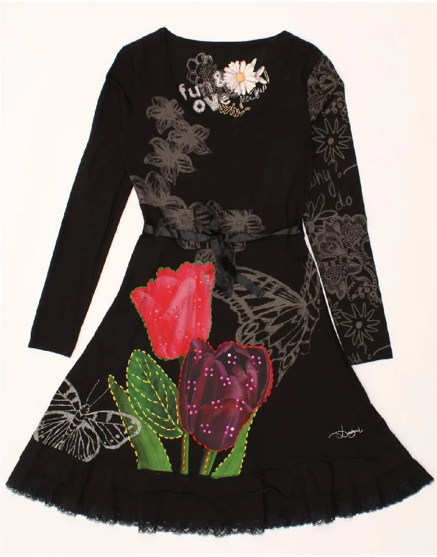 DESIGUAL Womens Graphic Long Sleeve A-Line Dress UK 10 Small Black Floral Tunics Mesh breathable