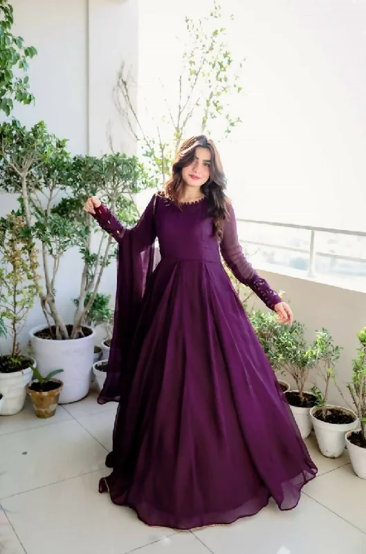 Aastha Fashion Women's Dark Wine Faux Georgette Sequins Embroidered Anarkali Dress with Dupatta A-Line Day Work