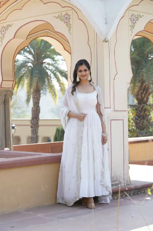 Aastha Fashion Women's White Faux Georgette 5 Layer Frill Work Anarkali Dress with Dupatta Tunics Business professional Aastha Fashion Women's White Faux Georgette 5 Layer Frill Work Anarkali Dress with Dupatta Tunics Business professional