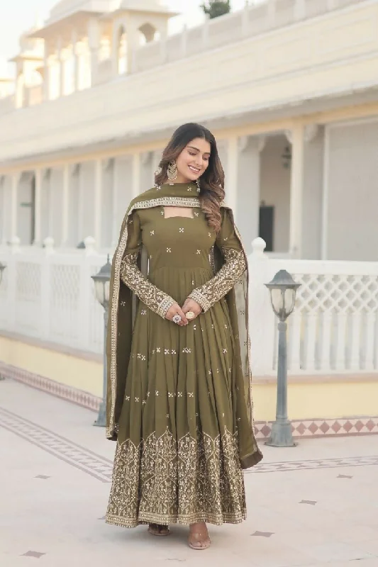 Aastha Fashion Women's Mehendi Faux Georgette Sequins Embroidered Anarkali Dress with Dupatta Cowl Neckline Elegant Aastha Fashion Women's Mehendi Faux Georgette Sequins Embroidered Anarkali Dress with Dupatta Cowl Neckline Elegant