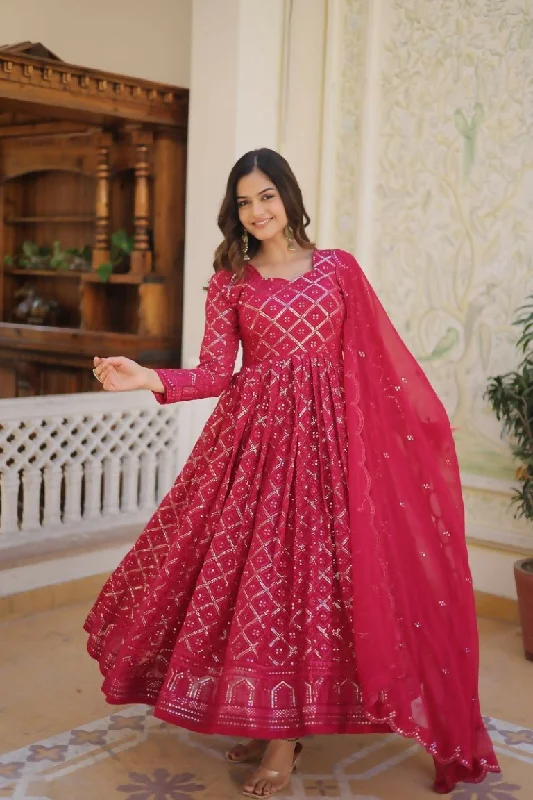 Aastha Fashion Women's Rani Pink & Golden Faux Georgette Sequins Embroidered Anarkali Dress with Dupatta Crew Neckline Casual Aastha Fashion Women's Rani Pink & Golden Faux Georgette Sequins Embroidered Anarkali Dress with Dupatta Crew Neckline Casual