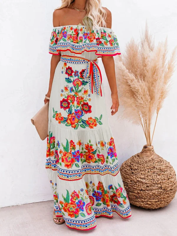 New one-shoulder printed long swing dress Tunics Sale discount