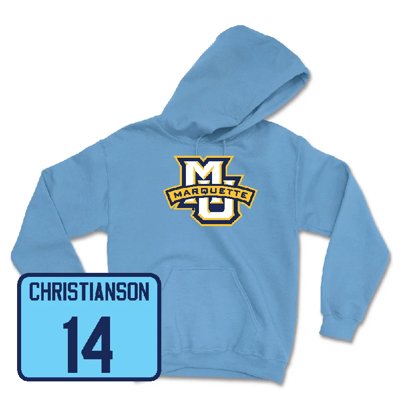 Championship Blue Women's Soccer Marquette Hoodie - Haley Christianson Hoodie with Hem Lace Feminine Delicate