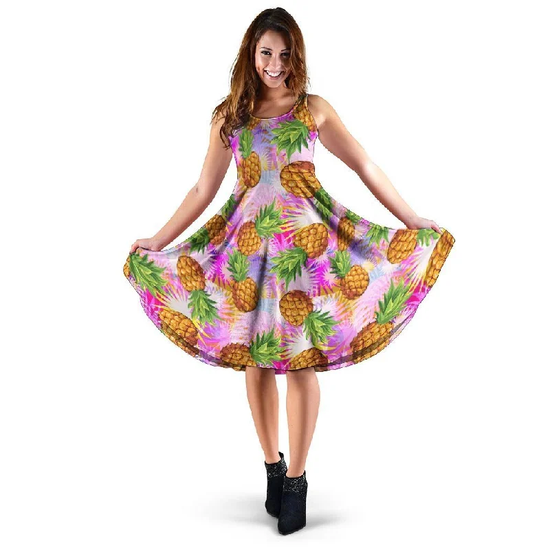 Purple Neon Pineapple Hawaiian Print Dress Tunics Denim casual