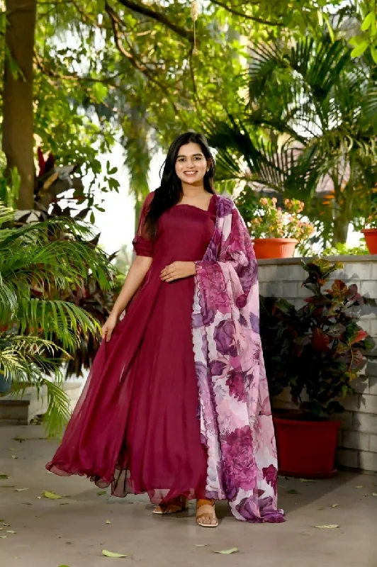 Aastha Fashion Women's Maroon Tebby Silk Anarkali Dress with Dupatta Tunics Chic fashionable